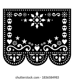 Halloween and Day of the Dead Papel Picado vector design with skulls and flowers, Mexican paper cut out pattern - Dia de Los Muertos celebration. Papel Picado black geometric decoration