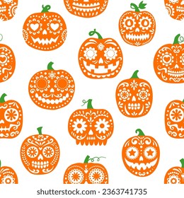 Halloween or Day Of The Dead party mexican pumpkins seamless pattern. Wrapping paper print, fabric or textile vector seamless background with Halloween pumpkins or Dia De Los Muertos holiday skulls