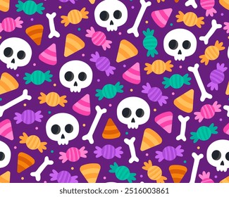 Halloween und Tag der Toten nahtloses Muster. Design zum Verpacken von Papier, Textil. Süße weiße Schädel, Bonbons, Maisbonbons, Knochen auf violettem Hintergrund. 