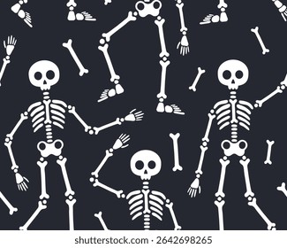 Halloween and day of the dead seamless pattern. Skeletons in different poses, white silhouettes of skeletons on a black background, skull, bones. Design for wrapping paper, print.