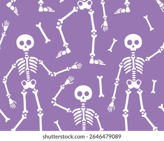 Halloween and day of the dead seamless pattern. Skeletons in different poses, white silhouettes of skeletons on a purple background, skull, bones. Design for wrapping paper, print.