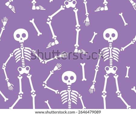 Halloween and day of the dead seamless pattern. Skeletons in different poses, white silhouettes of skeletons on a purple background, skull, bones. Design for wrapping paper, print.