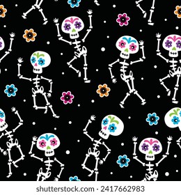 Halloween Day of the Dead Skeleton, Sugar Skull with Colorful Flowers- Halloween Vector Illustration