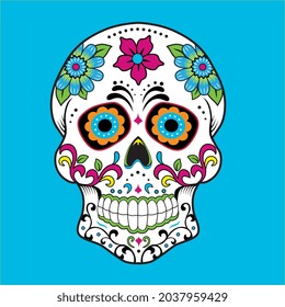 halloween Day of the Dead skull with colorful  blue background