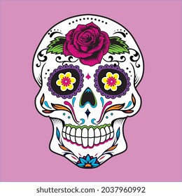 halloween Day of the Dead skull with colorful  Pink background