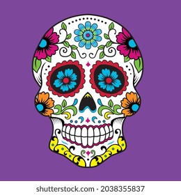 halloween Day of the Dead skull with colorful  Purple background