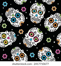 Día de Halloween: Patter sin foco de cráneo muerto, cráneo de azúcar con flores coloridas- Ilustración vectorial de Halloween