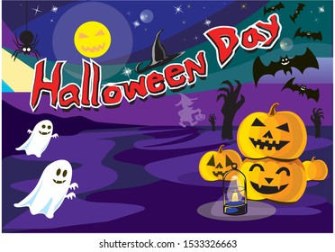 Halloween day design with witch, ghosts and pumpkins
