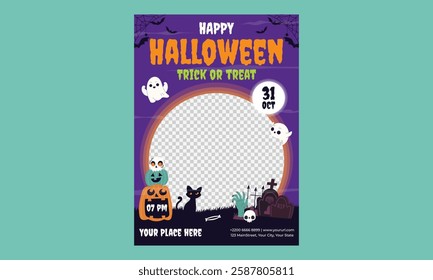 Halloween Day Flyer.  Halloween Sale Promotion Poster template with Halloween pumpkins,cute ghost,coupon,shopping bag .Website spooky or banner template. Vector illustration 