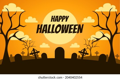 halloween day greeting background with clouds, moon and trees.