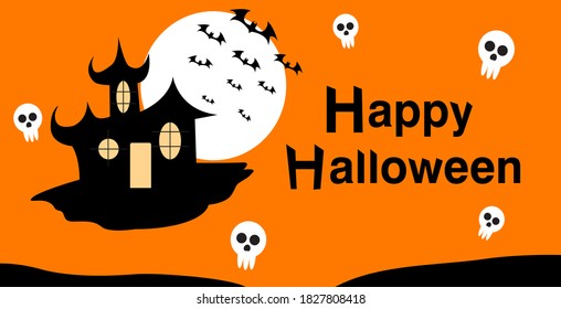 halloween day greeting banner design. flying castle illustration on orange background