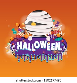 Halloween day greeting card. Halloween template Cute Mummy top on melted frame and trick or treat decorations with orange background.