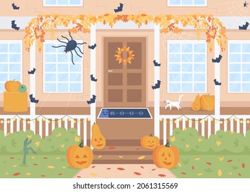 Halloween day home exterior flat color vector illustration. Home porch with carved pumpkings. Autumn season. Decorated house 2D cartoon outdoors with spiders and bats decor on background