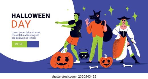 Halloween day horizontal banner template with people wearing costumes of pirate zombie and werewolf flat vector illustration