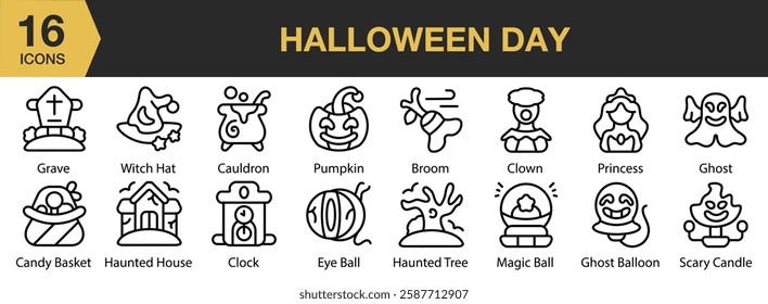 Halloween Day icon set. Includes spooky, ghost, halloween, party, horror, and More. Outline icons vector collection.