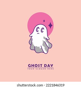 halloween day icon vector logo. vector illustration of cute ghost flying dancing on the pink moon, simple cartoon design. great for Halloween day, children's education, entertainment etc.
