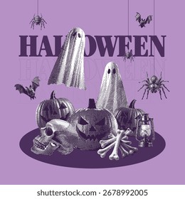 Día de Halloween, Vector de ilustración de halloween, estilo vintage de dibujo de líneas.