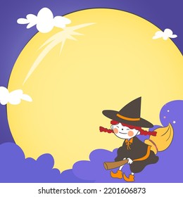 Halloween Day illustration with a witch flying in the sky on a broomstick on a full moon night.