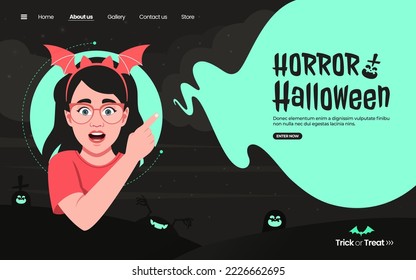 Halloween Day Landing Page Template. Scary Halloween Day with Bat, Moon. Tree Flat Cartoon Vector Illustration for Website Page. cute girl night Halloween party with cartoon night landscape. Neon blue