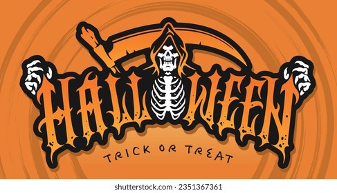 Halloween day lettering colorful sticker with dead man of bones near murder scythe and text trick or treat vector illustration