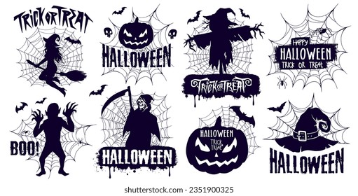 Halloween day monochrome set stickers with witch and zombie in web or pumpkin with inscription trick or treat vector illustration