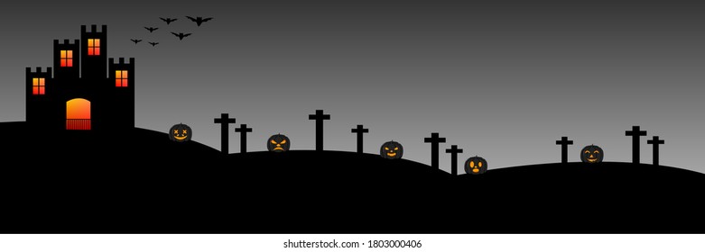 Halloween day night. Cemetery grave. The silhouette of bats, pumpkins and creepy castle. Vector illustration