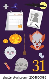 Halloween day night October party mix miscellaneous things celebration isolated in vector.