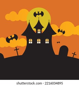 Halloween day orang background with house and bats.