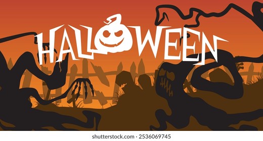 Cartaz do dia de Halloween ou modelo de vetor de fundo de banner. Halloween, zumbis, abóboras, fantasma, árvores assustadoras, cemitério, teias de aranha e elementos de design 3D realista Halloween.