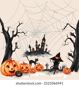 Cartel del día de Halloween o Plantilla de Vector de Anuncio. Luna grande de Halloween, fantasma de la calabaza, sombrero del mago, fantasma lindo, cráneo de la historieta, Web de la araña Anuncio inconsútil de la calabaza de Halloween. Silueta espeluznante de las linternas de la calabaza