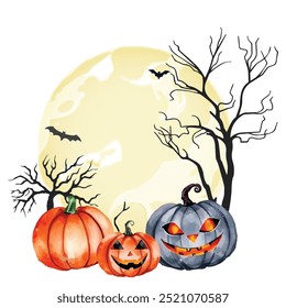 Cartel del día de Halloween o Plantilla de Vector de Anuncio. Luna grande de Halloween, fantasma de la calabaza, sombrero del mago, fantasma lindo, cráneo de la historieta, Web de la araña Anuncio inconsútil de la calabaza de Halloween. Silueta espeluznante de las linternas de la calabaza