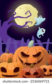 Cartel del día de Halloween o Plantilla de Vector de Anuncio. Halloween, zombies, calabazas, fantasmas, árboles espeluznantes, cementerio, telarañas y realistas Elementos de diseño de Halloween en 3D.