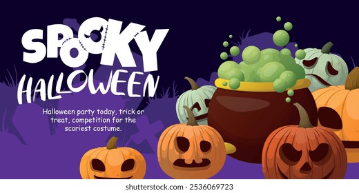 Cartaz do dia de Halloween ou modelo de vetor de banner. Halloween, zumbis, abóboras, mãos, fantasma, árvores assustadoras, cemitério, teias de aranha e elementos de design 3D realista Halloween.