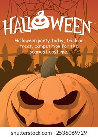 Cartaz do dia de Halloween ou modelo de vetor de banner. Halloween, zumbis, abóboras, mãos, fantasma, árvores assustadoras, cemitério, teias de aranha e elementos de design 3D realista Halloween.