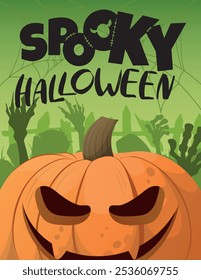 Cartel del día de Halloween o Plantilla de Vector de Anuncio. Halloween, zombies, calabazas, manos, fantasmas, árboles espeluznantes, cementerio, telarañas y realistas Elementos de diseño de Halloween en 3D.