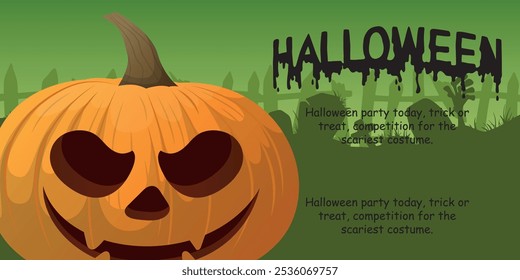 Cartaz do dia de Halloween ou modelo de vetor de banner. Halloween, zumbis, abóboras, mãos, fantasma, árvores assustadoras, cemitério, teias de aranha e elementos de design 3D realista Halloween.