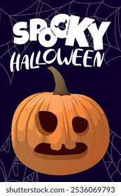 Cartaz do dia de Halloween ou modelo de vetor de banner. Halloween, zumbis, abóboras, mãos, fantasma, árvores assustadoras, cemitério, teias de aranha e elementos de design 3D realista Halloween.