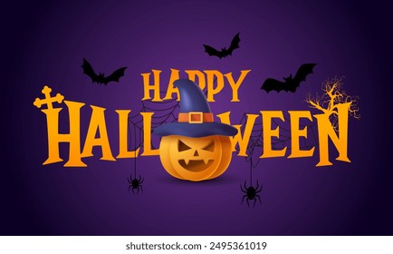 Afiche o Anuncio de texto del día de Halloween. Calabazas realistas 3D y otros símbolos de Halloween. Ilustración vectorial