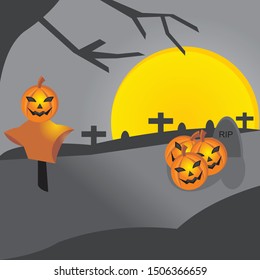 Halloween day pumpkin and graveyard theme on grey background 