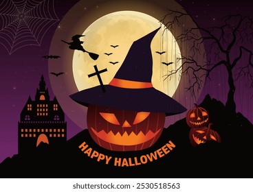 Halloween Day Pumpkin with Witch Hat and Spooky Haunted House Template
