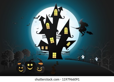 Halloween day pumpkins with night castle on blue Moon background.Paper art idea and craft style.