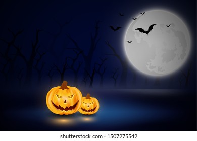 Halloween day. pumpkins and smoke with purple moon background and sky for text vector