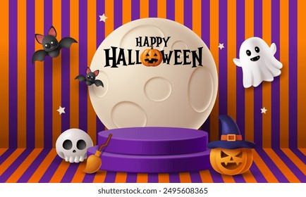 Halloween day realistic product scene background. Big moon, pumpkin, ghost, cartoon skull and realistic 3d podium.