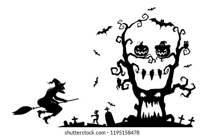 Halloween day. Scary tree in the form of a skull with bats and a witch.