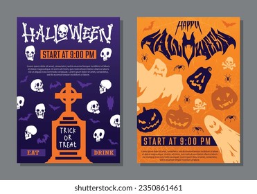 Halloween day set flyers colorful with skulls and bones near gravestone or signs and pumpkin jack o lanterns vector illustration
