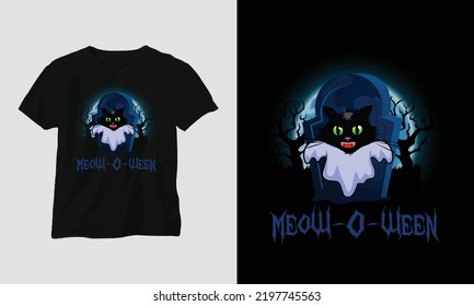 Halloween Day Special T-shirt Design with “meow-o-ween” Quotes, Best use for T-Shirt, mag, sticker, wall mat, etc. svg