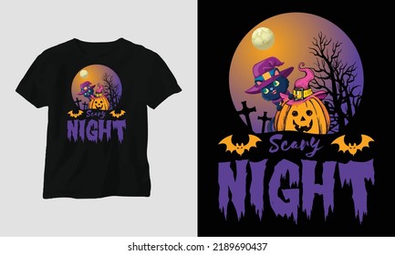 Halloween Day Special T-shirt Graphic with “scary night” Design vector Graphic Design T-Shirt, mag, sticker, wall mat, etc. Design vector Graphic Template