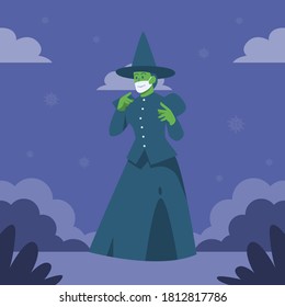 Halloween day stay safe with mask for avoid corona virus, Flat illustration of girl wear witch costume and mask vector