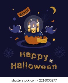 Halloween day. Three candles stand on a pumpkin and burn brightly. ghosts fly around and spiders crawl. Vector illustration for postcards, web, invitations, posters and announcements of the party