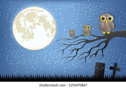 Halloween day of three owls with large eyes sitting on a branch against a full moon and night sky snowing. Origami paper art and digital craft style. Vector illustration
